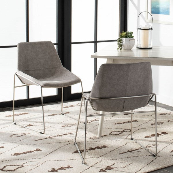 Alexis Mid Century Dining Chair - Stone Grey Faux Leather & Polished Metal Legs