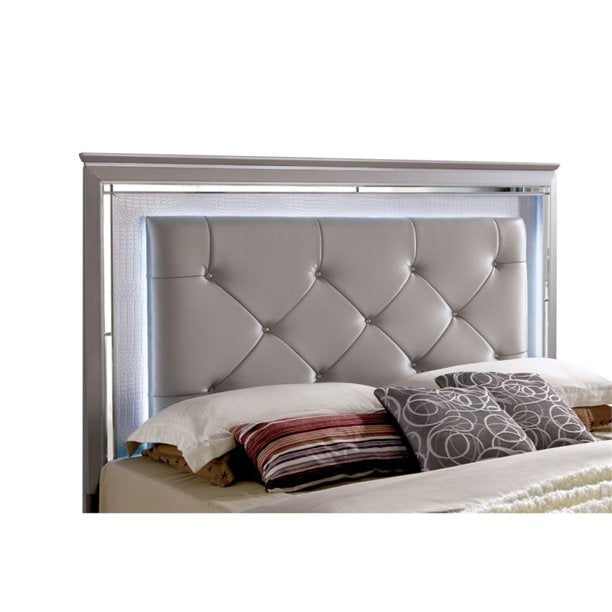 Balitoria Contemporary Faux Leather Queen Panel Bed in Silver