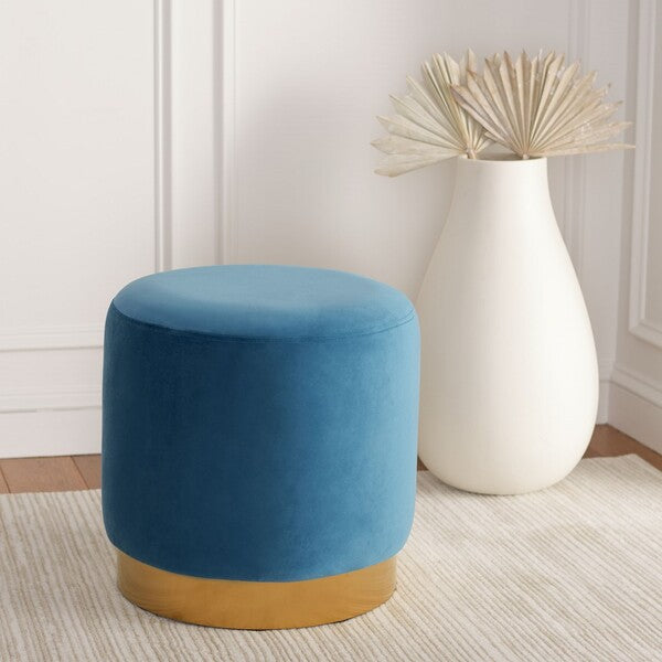 Abrea Round Ottoman - Velvet Upholstery & Sleek Black Base