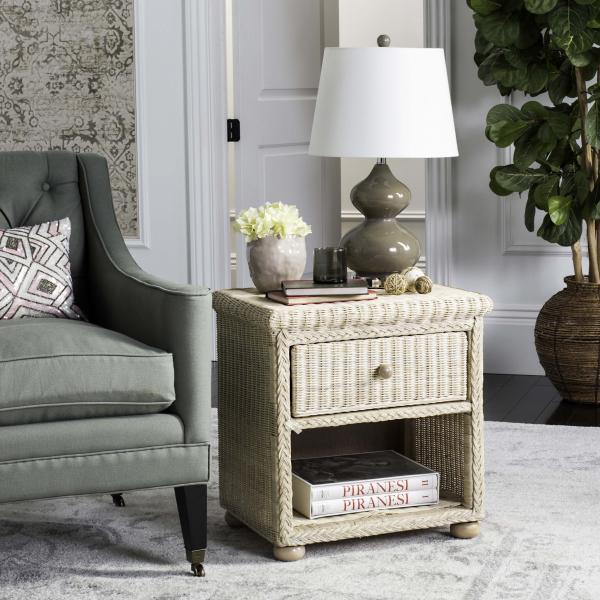 Adira Natural White Wash Wicker Nightstand With Drawer & 8"H Storage