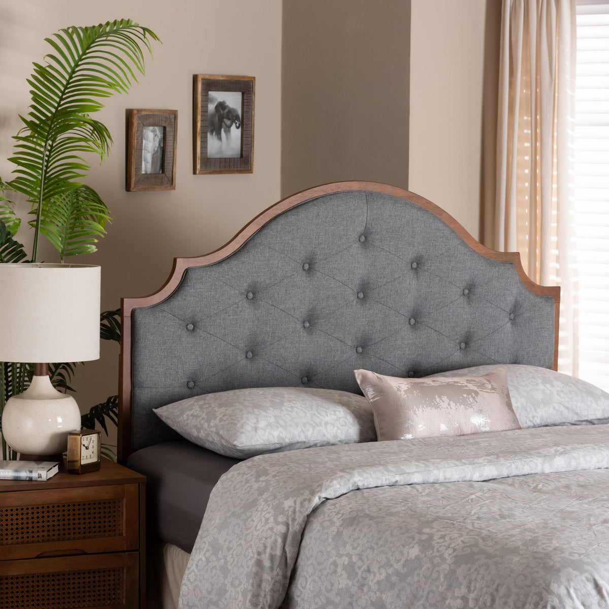 Premala Classic and Traditional Grey Fabric and Walnut Brown Finished Wood King Size Headboard