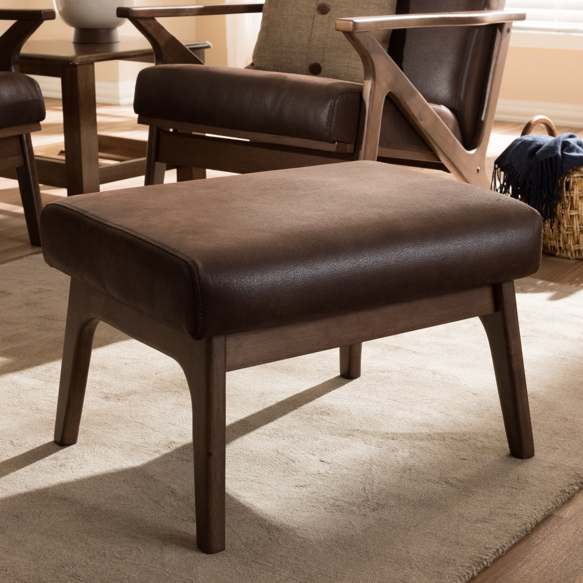 Bianca Mid-Century Modern Walnut Wood Dark Brown Distressed Faux Leather Ottoman