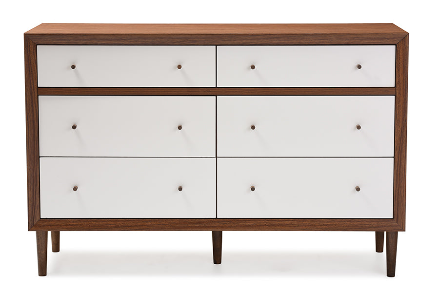 Harlow Mid-century Modern Scandinavian Style White and Walnut Wood 6-drawer Storage Dresser