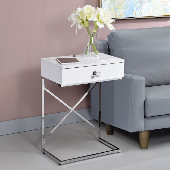 Kylie End Table with USB Port in Glossy White