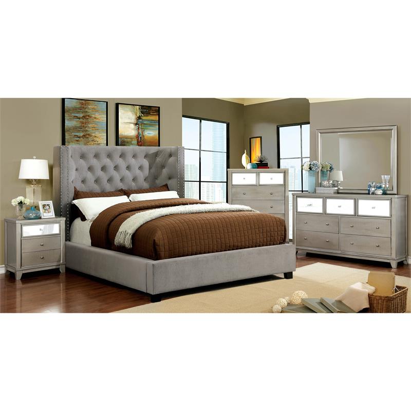 Piklin Transitional Queen Wingback Bed in Gray