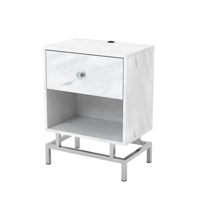 Lyn End Table with USB Port in White Marble