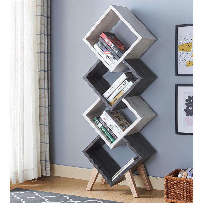 Yarmow 4-Shelf Bookcase in White Oak and Distressed Gray