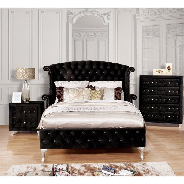 Clerita Transitional Wingback Tufted Queen Bed in Black