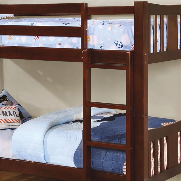 Khanjari Transitional Solid Wood Twin over Twin Bunk Bed in Dark Walnut