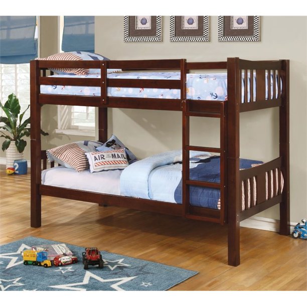 Khanjari Transitional Solid Wood Twin over Twin Bunk Bed in Dark Walnut