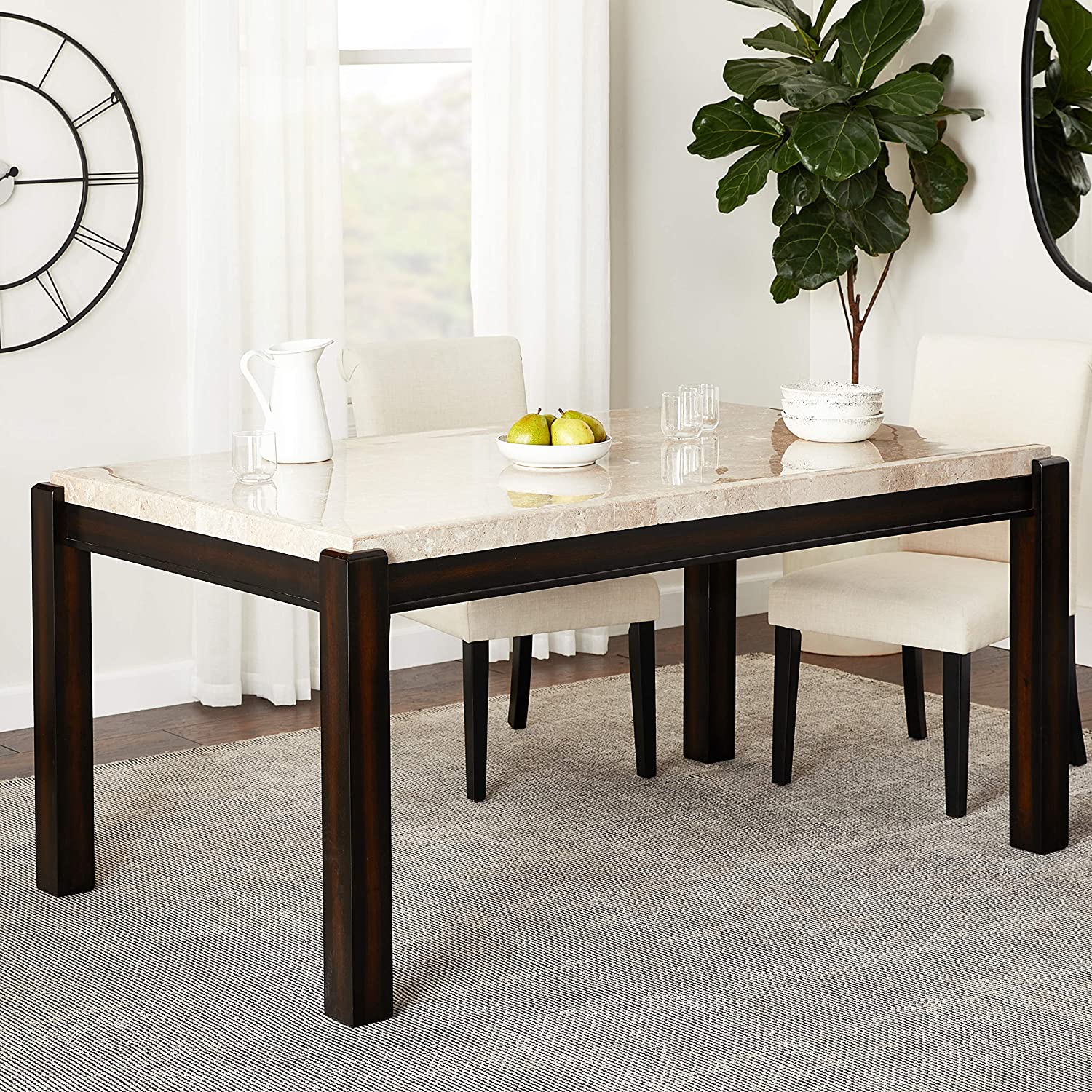 Rumie Contemporary Marble Top Dining Table in White and Dark Walnut