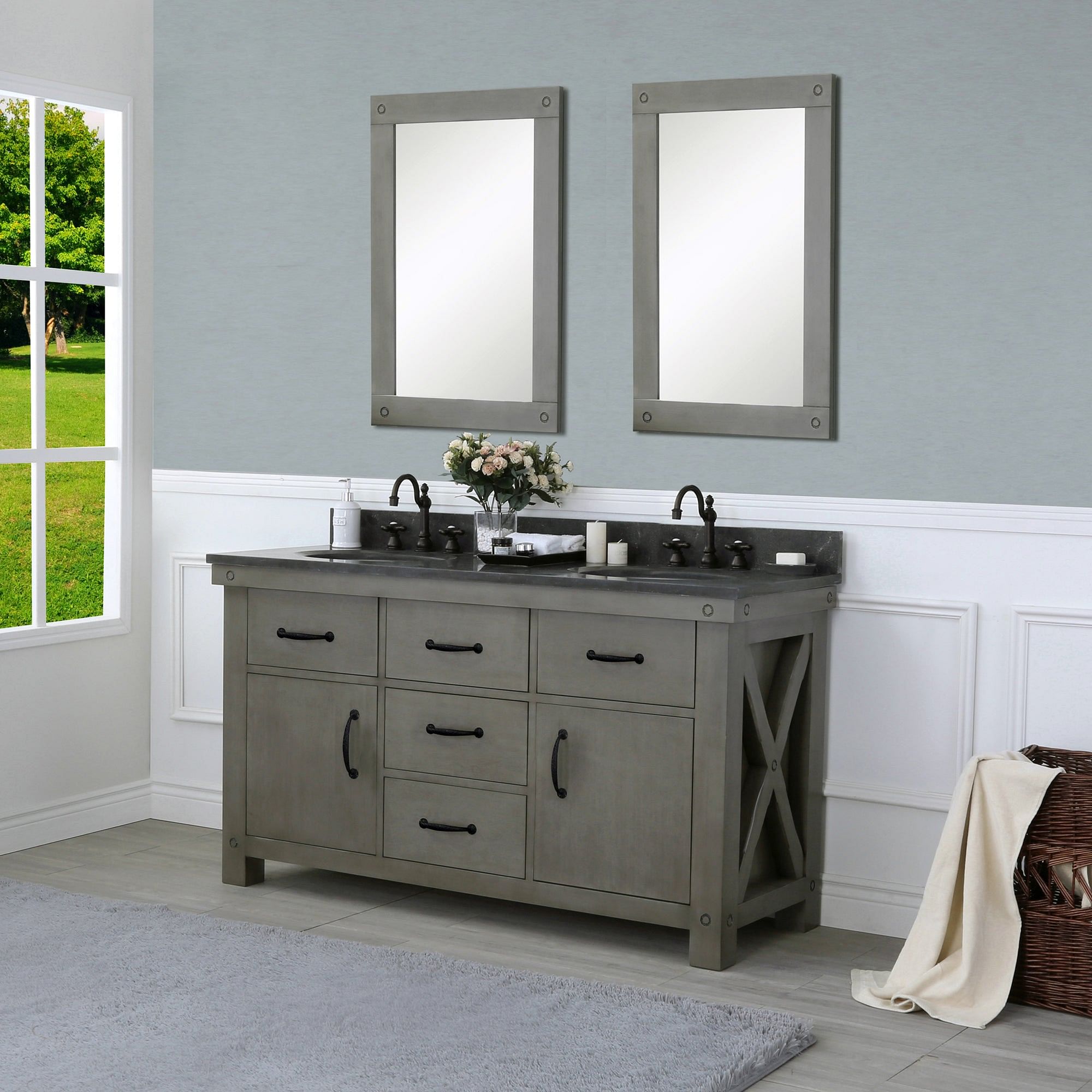 60 Inch Grizzle Grey Double Sink Bathroom Vanity With Mirror And Faucets With Blue Limestone Counter Top