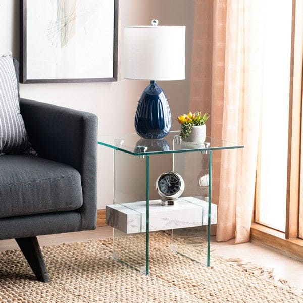 Kayley Best Square Sofa Side Accent Table for Living Room | White & Glass