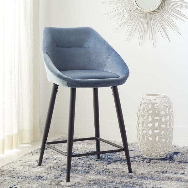 Zorica Modern Velvet Upholstered Counter Stool | Ash Blue / Black