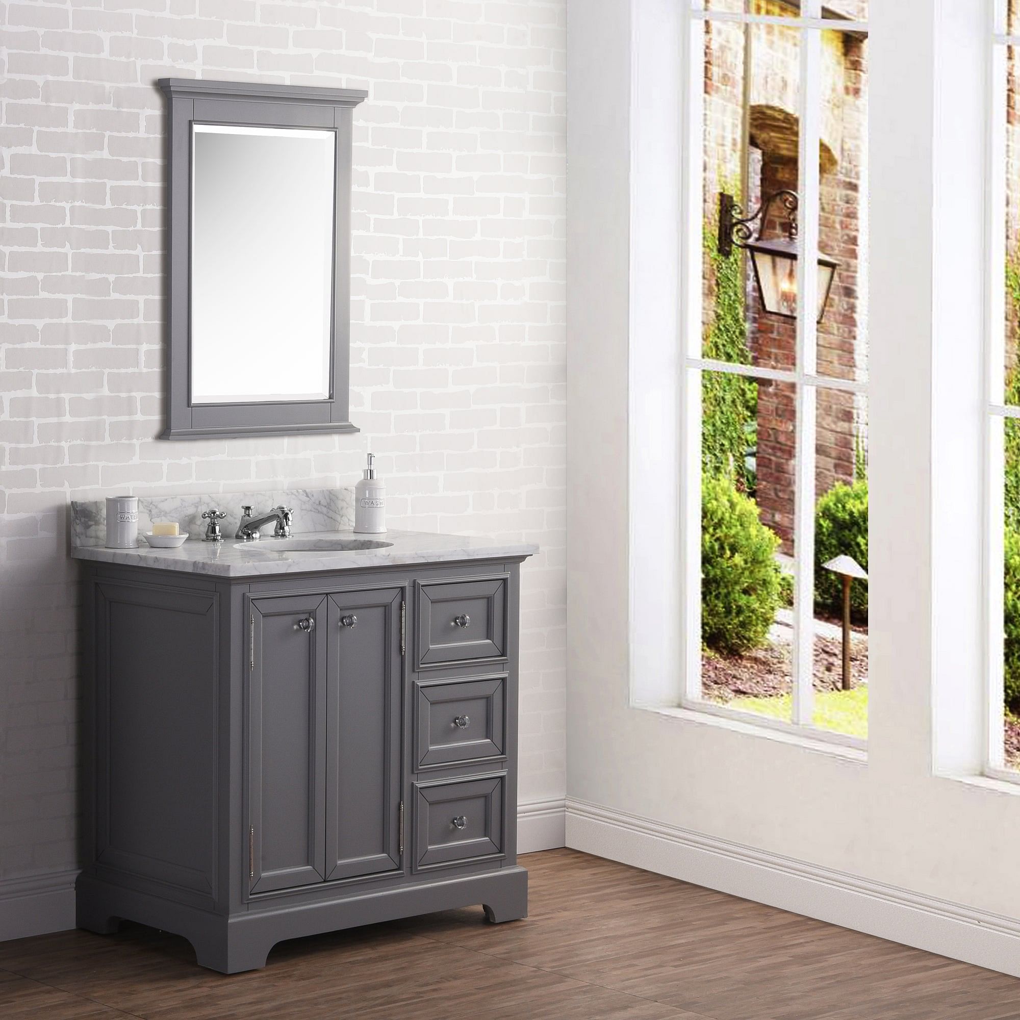 36 Inch Wide Cashmere Grey Single Sink Carrara Marble Bathroom Vanity With Matching Mirror