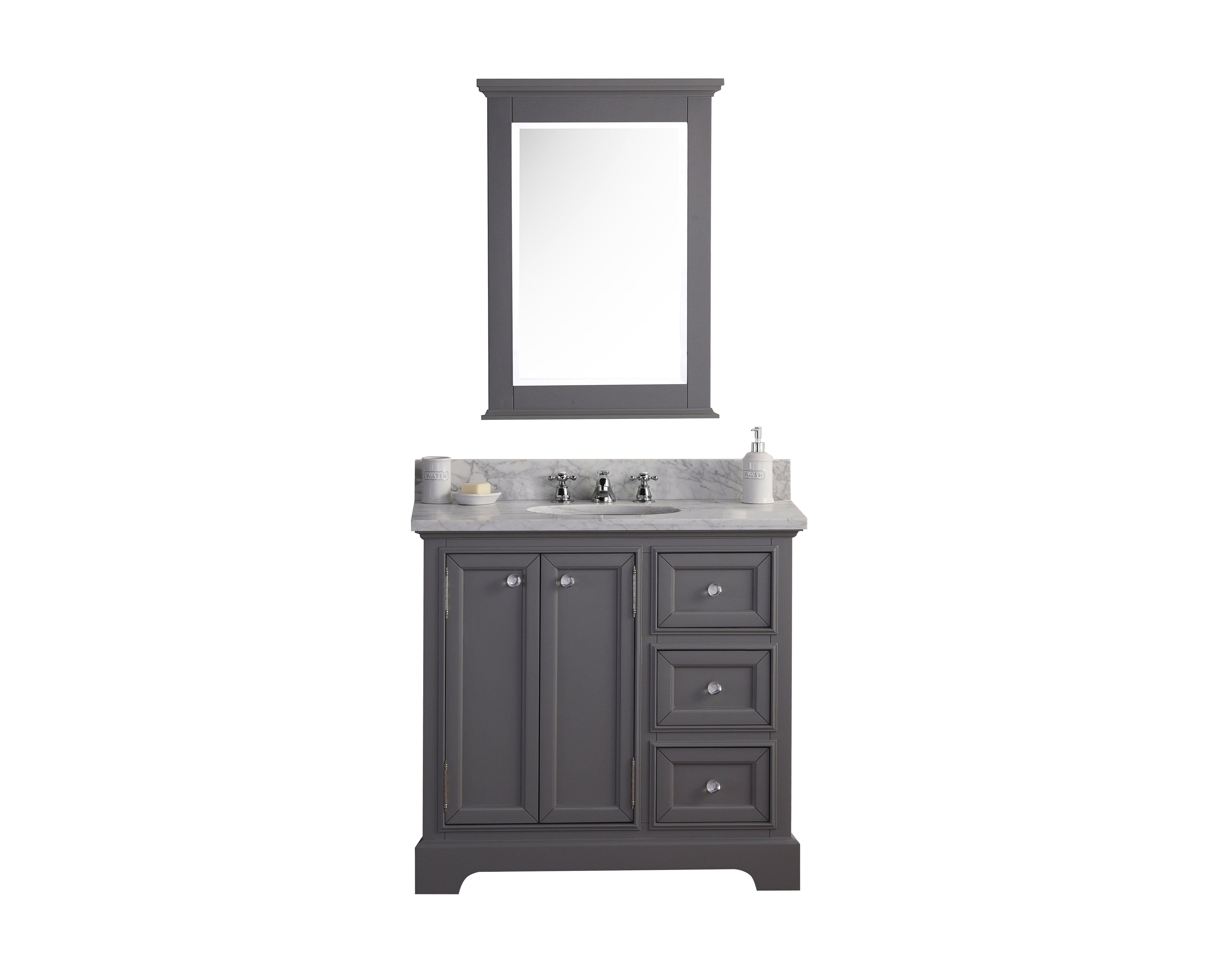 36 Inch Wide Cashmere Grey Single Sink Carrara Marble Bathroom Vanity With Matching Mirror