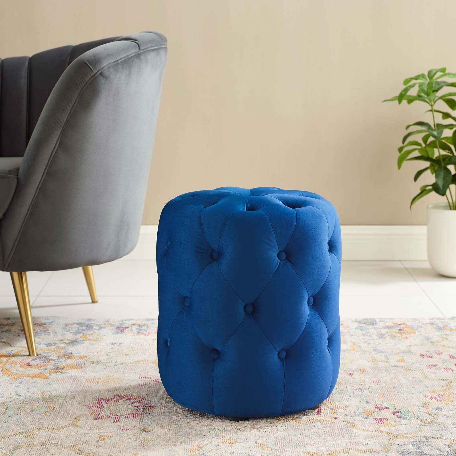 Amour Tufted Button Round Performance Velvet Ottoman