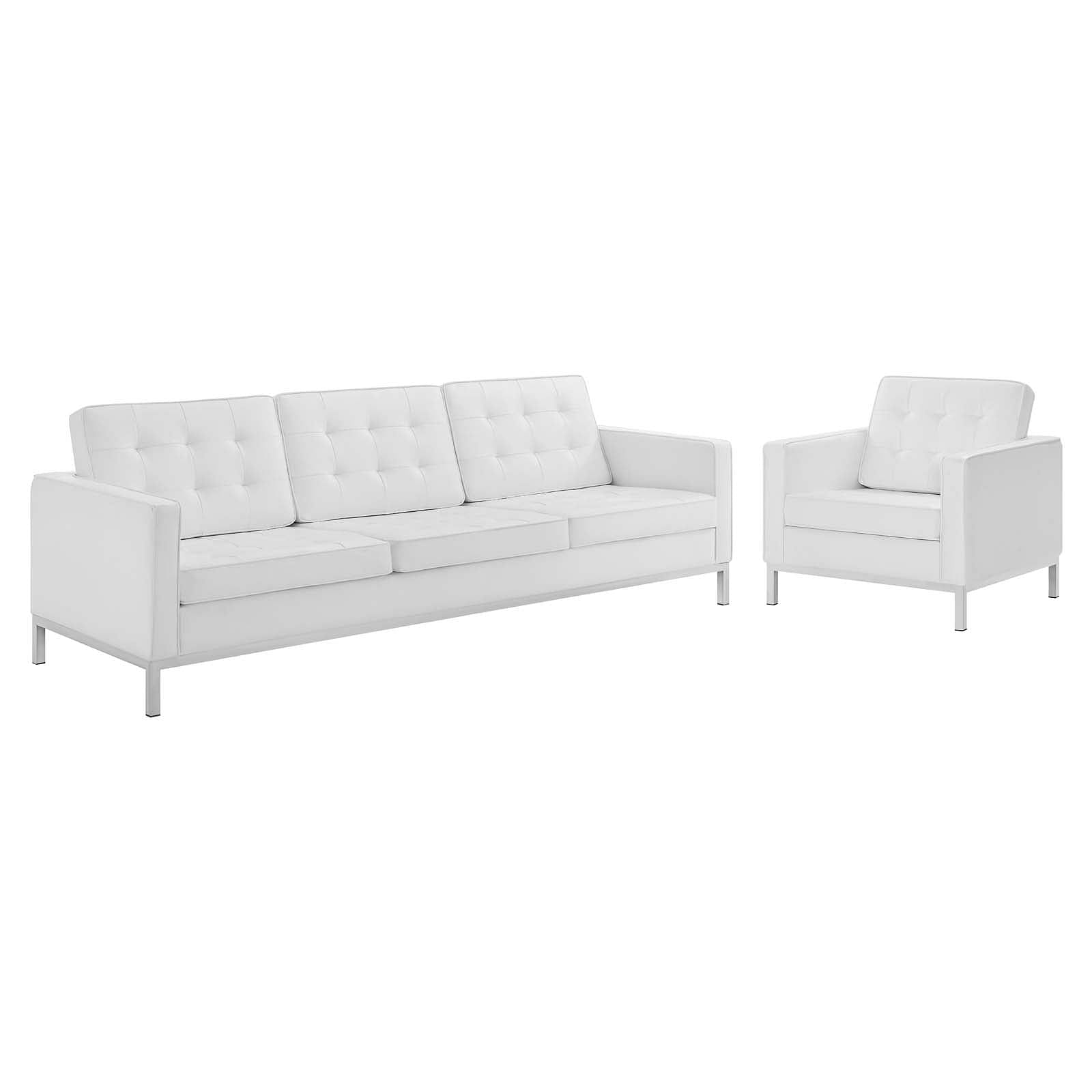 Loft Tufted Upholstered Faux Leather Sofa and Armchair Set