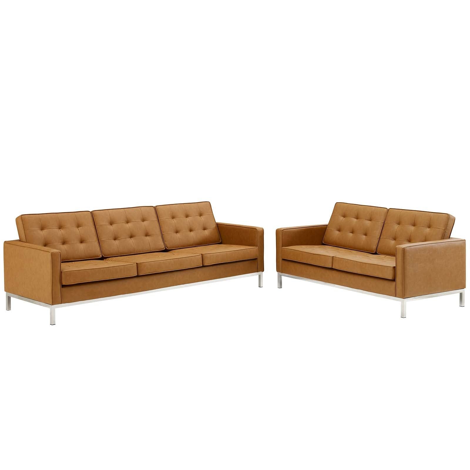 Loft Tufted Upholstered Faux Leather Sofa and Loveseat Set