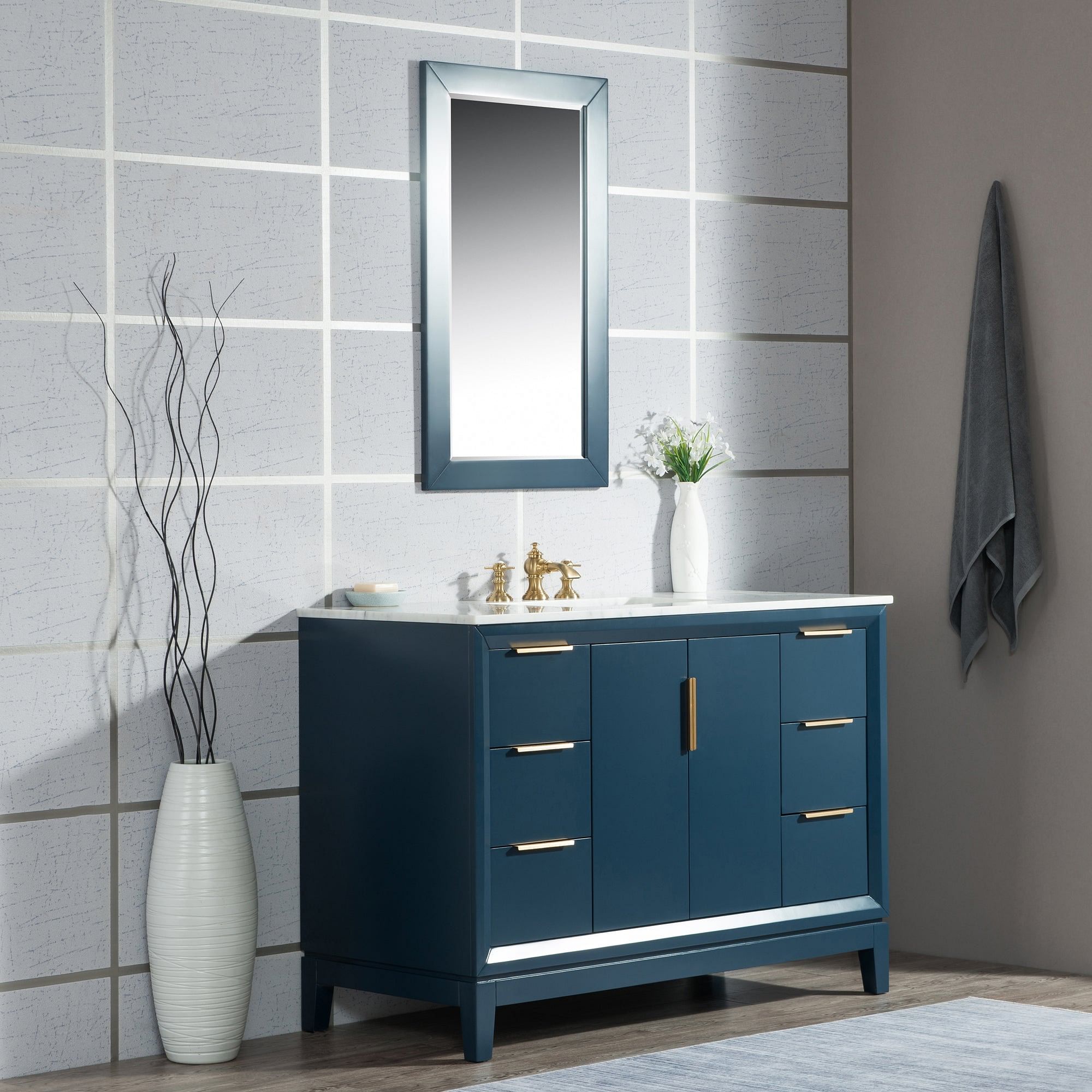 Elizabeth 48-Inch Single Sink Carrara White Marble Vanity In Monarch Blue  With Faucet(s)