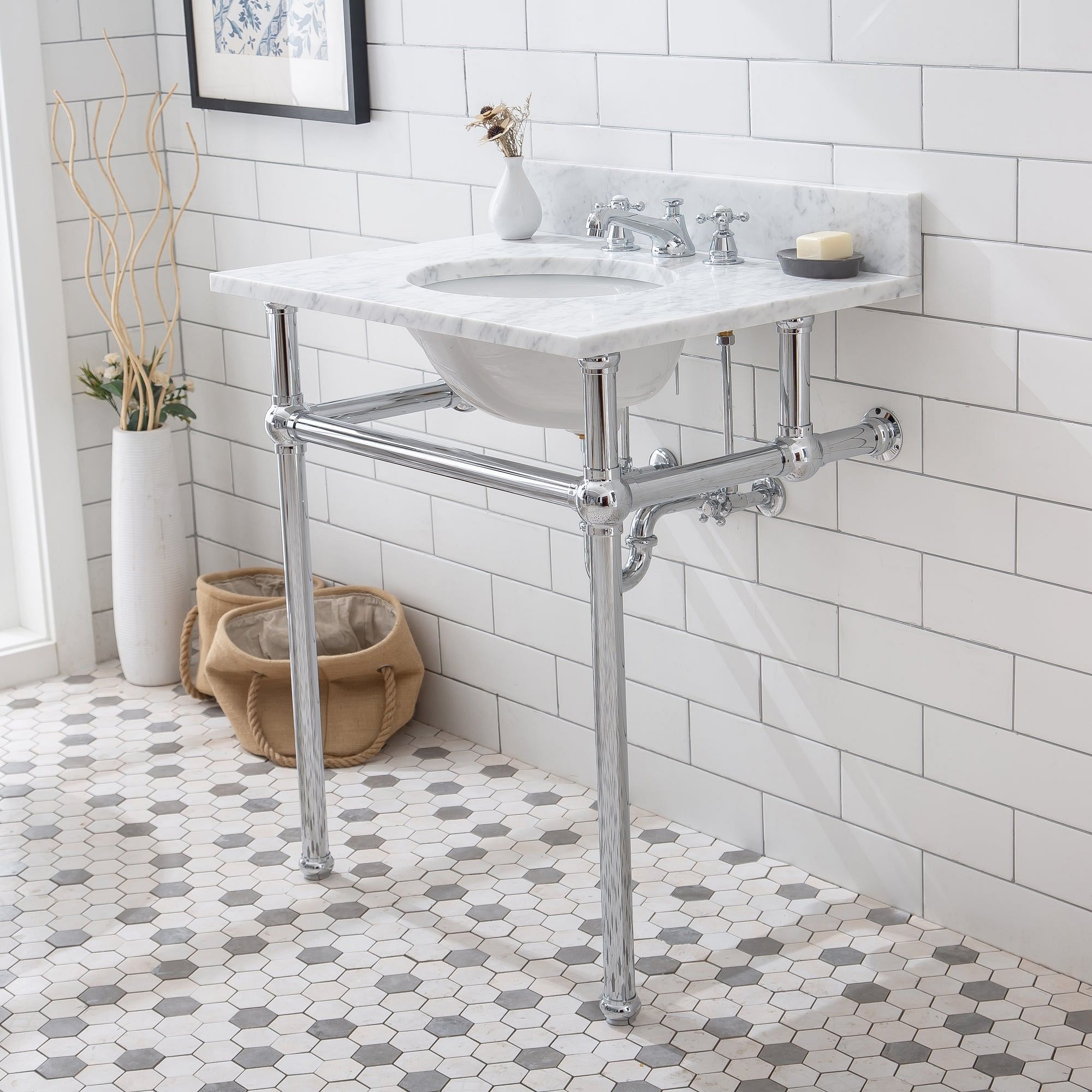Embassy 30 Inch Wide Single Wash Stand, P-Trap, Counter Top with Basin, and F2-0009 Faucet included in Chrome Finish