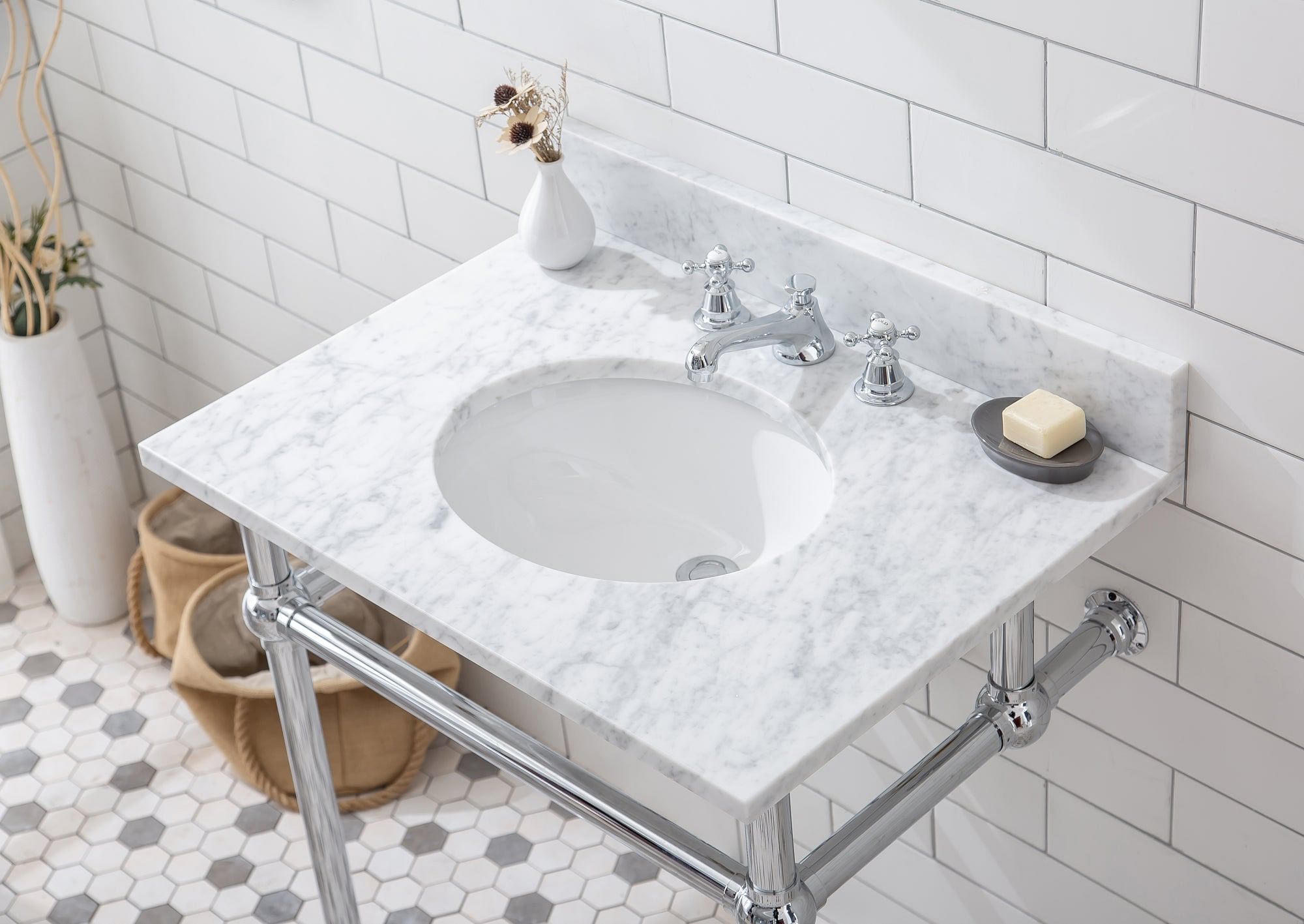 Embassy 30 Inch Wide Single Wash Stand, P-Trap, Counter Top with Basin, and F2-0009 Faucet included in Chrome Finish