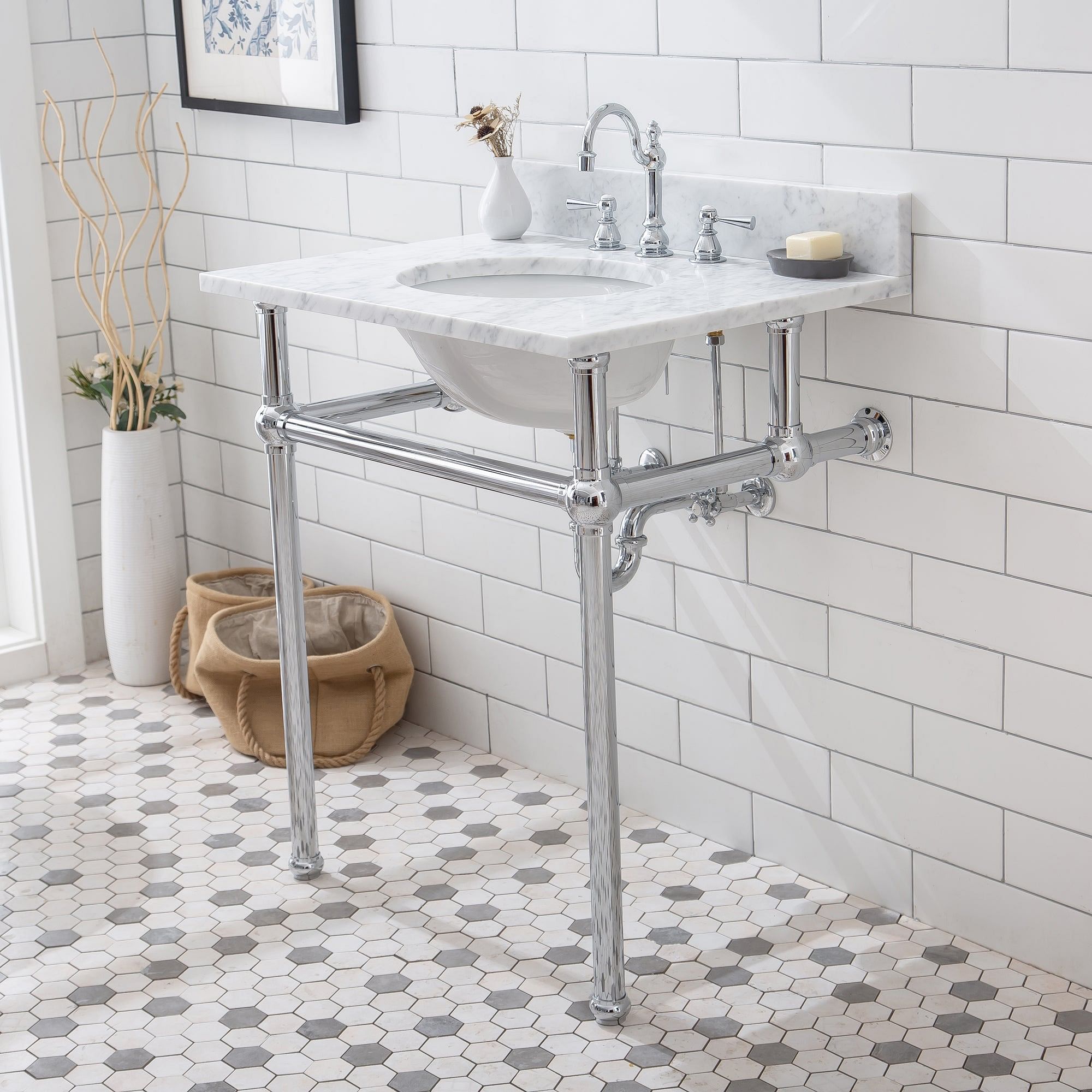 Embassy 30 Inch Wide Single Wash Stand, P-Trap, Counter Top with Basin, and F2-0012 Faucet included in Chrome Finish