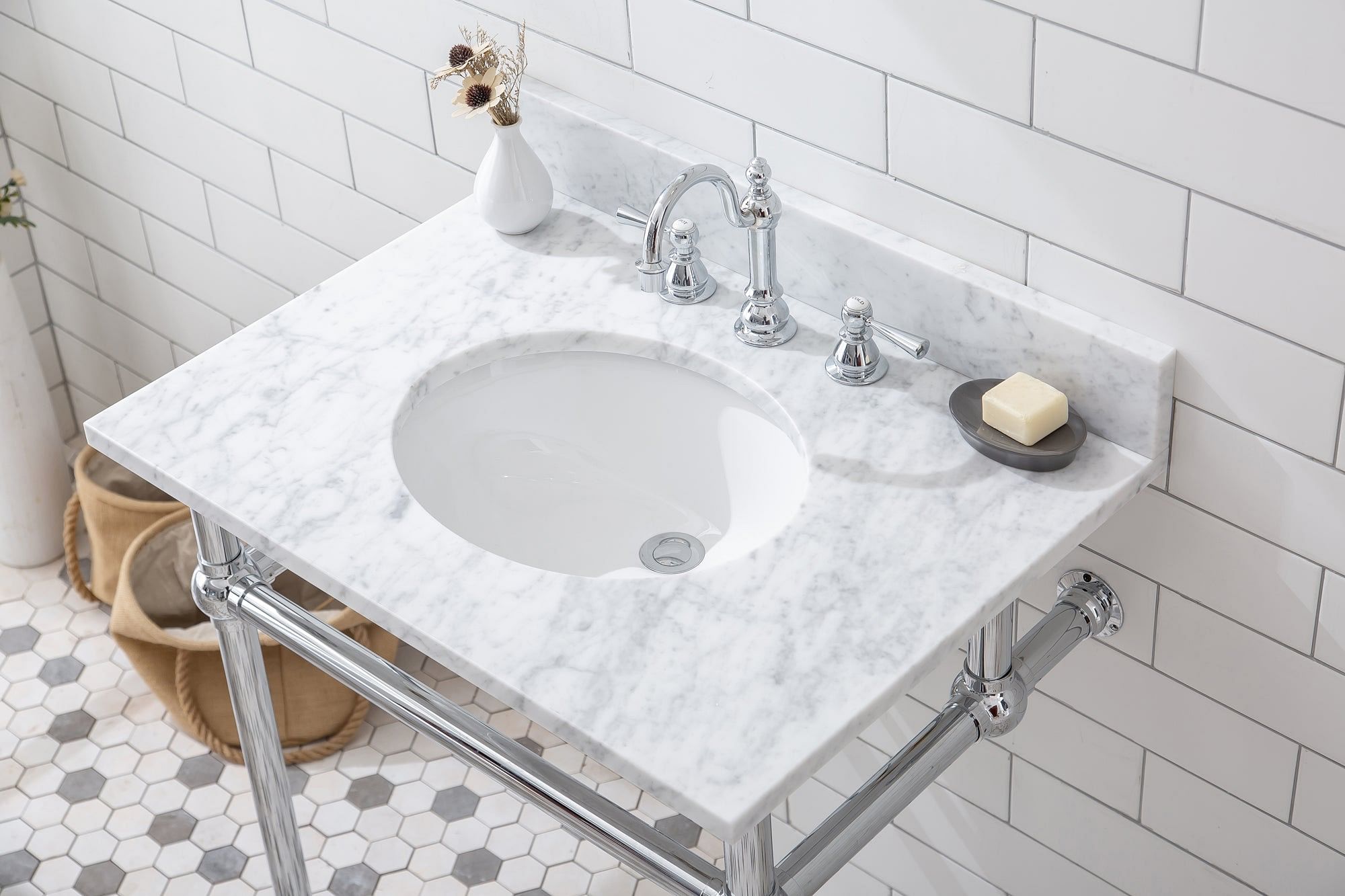 Embassy 30 Inch Wide Single Wash Stand, P-Trap, Counter Top with Basin, and F2-0012 Faucet included in Chrome Finish