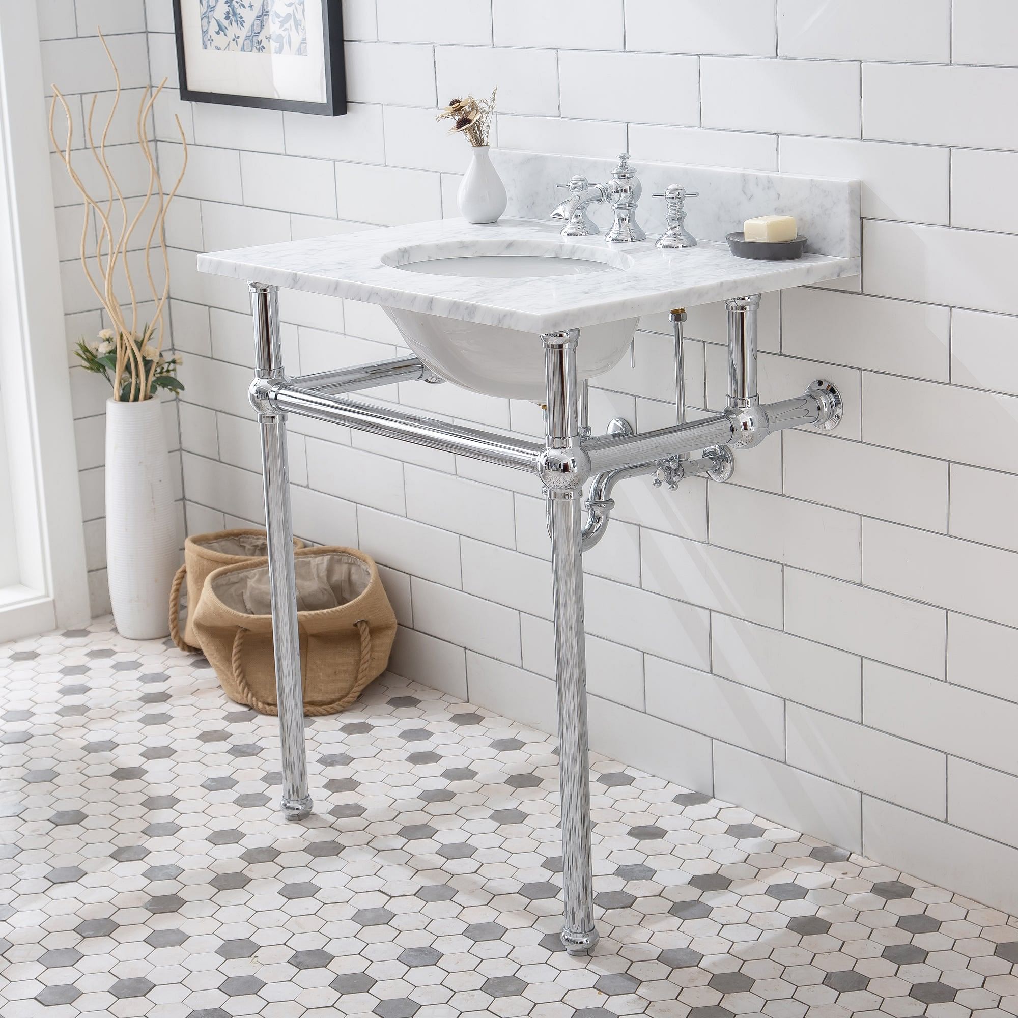 Embassy 30 Inch Wide Single Wash Stand, P-Trap, Counter Top with Basin, and F2-0013 Faucet included in Chrome Finish