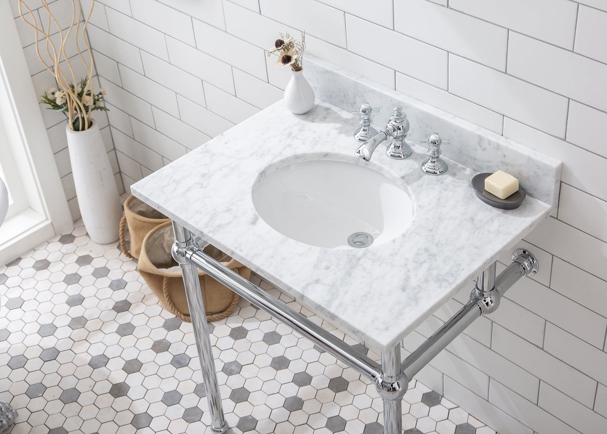 Embassy 30 Inch Wide Single Wash Stand, P-Trap, Counter Top with Basin, and F2-0013 Faucet included in Chrome Finish