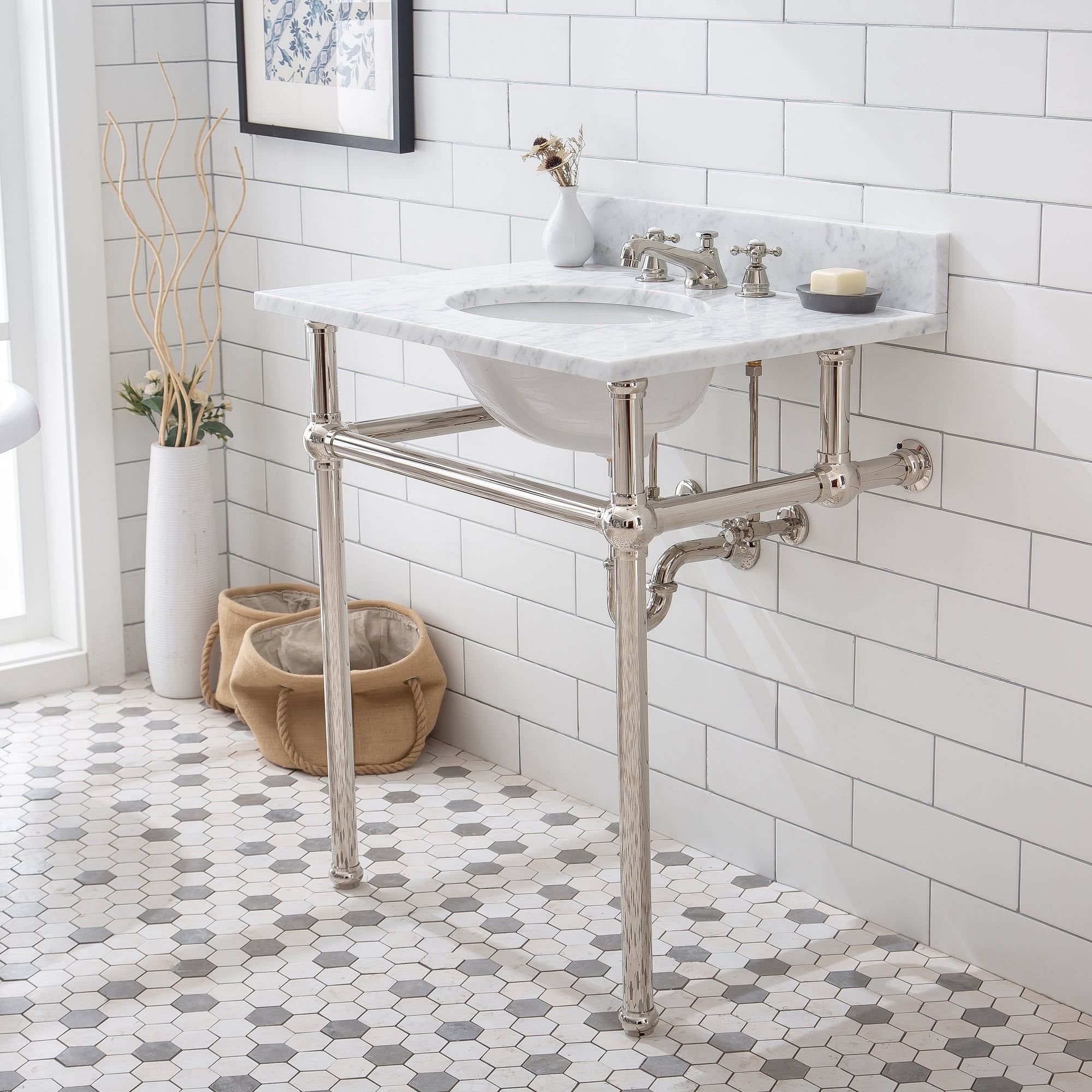 Embassy 30 Inch Wide Single Wash Stand and P-Trap included in Polished Nickel (PVD) Finish