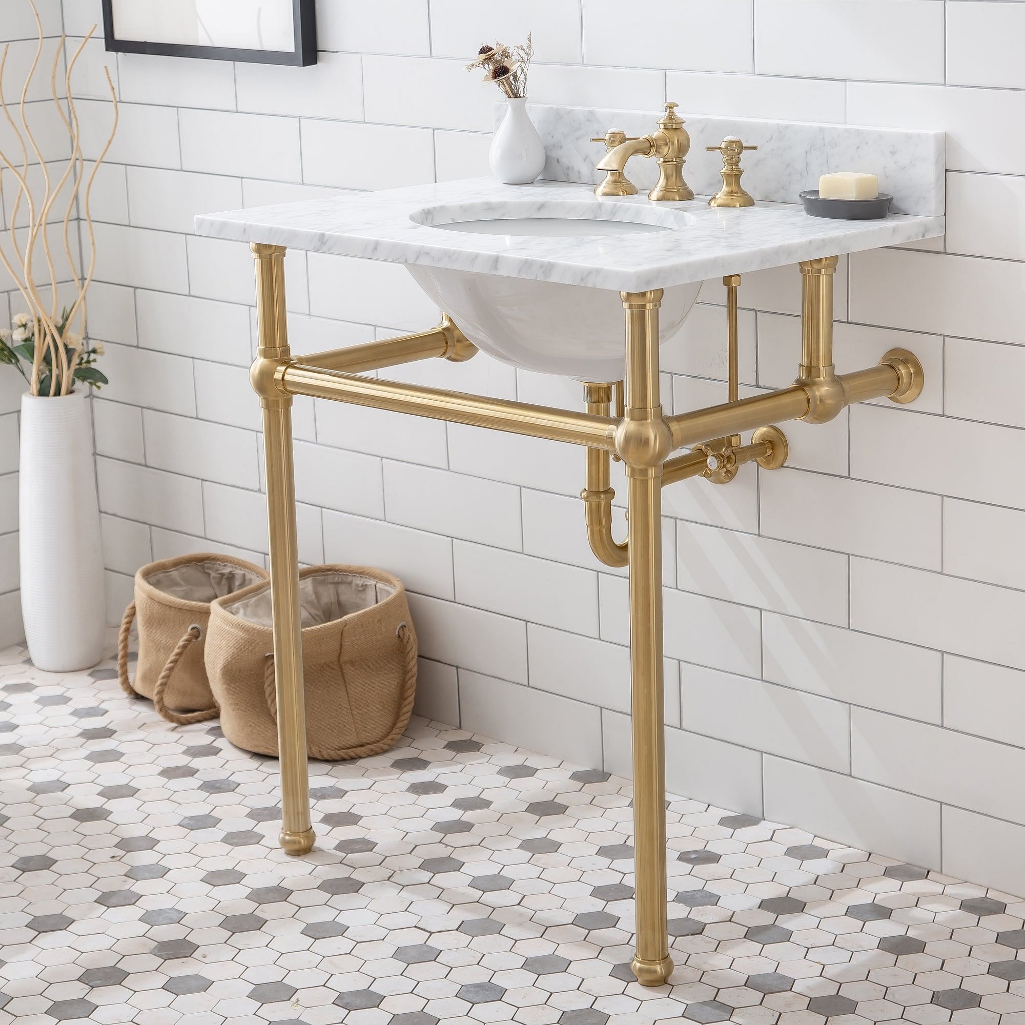 Embassy 30 Inch Wide Single Wash Stand, P-Trap, Counter Top with Basin, and F2-0013 Faucet included in Satin Gold Finish