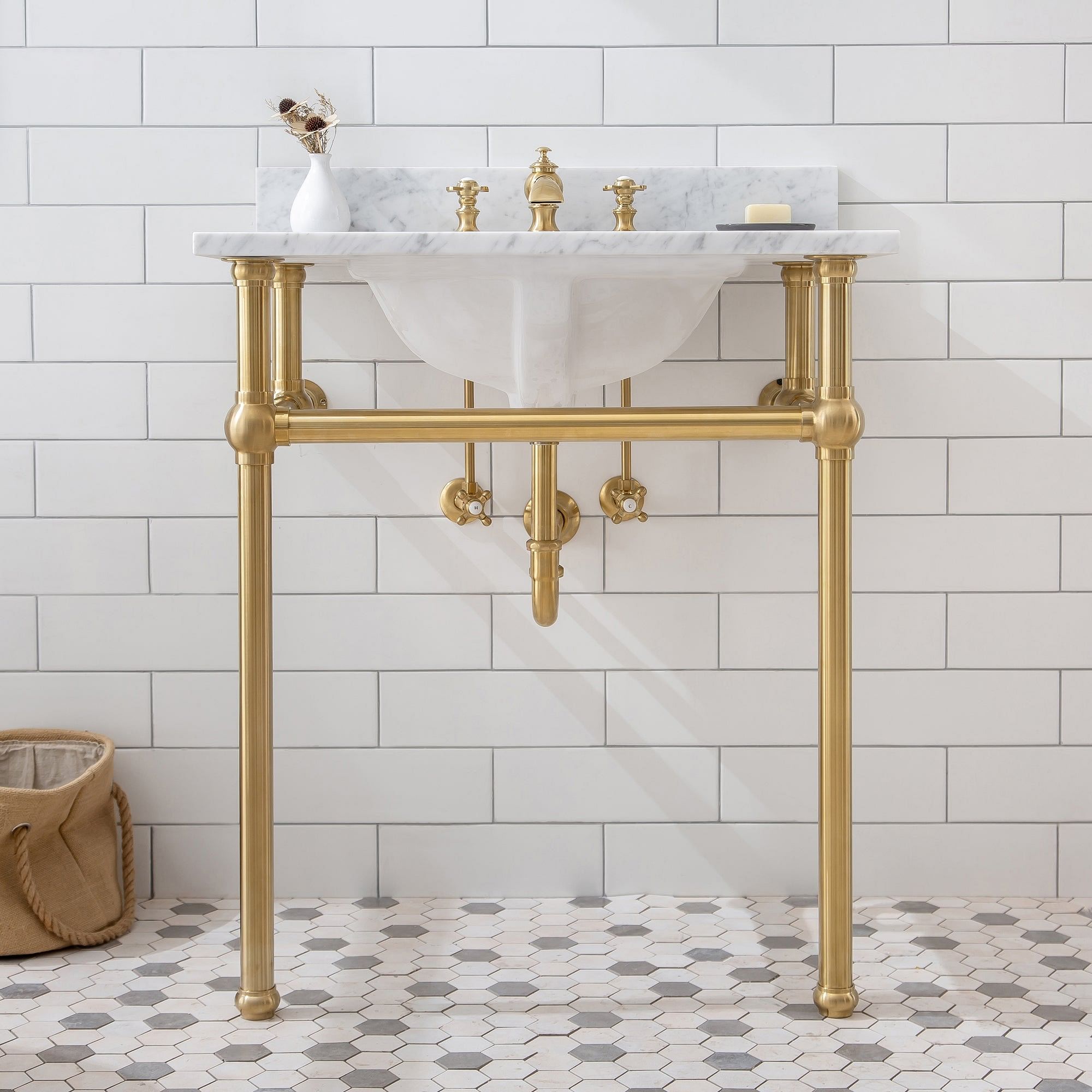 Embassy 30 Inch Wide Single Wash Stand, P-Trap, Counter Top with Basin, and F2-0013 Faucet included in Satin Gold Finish