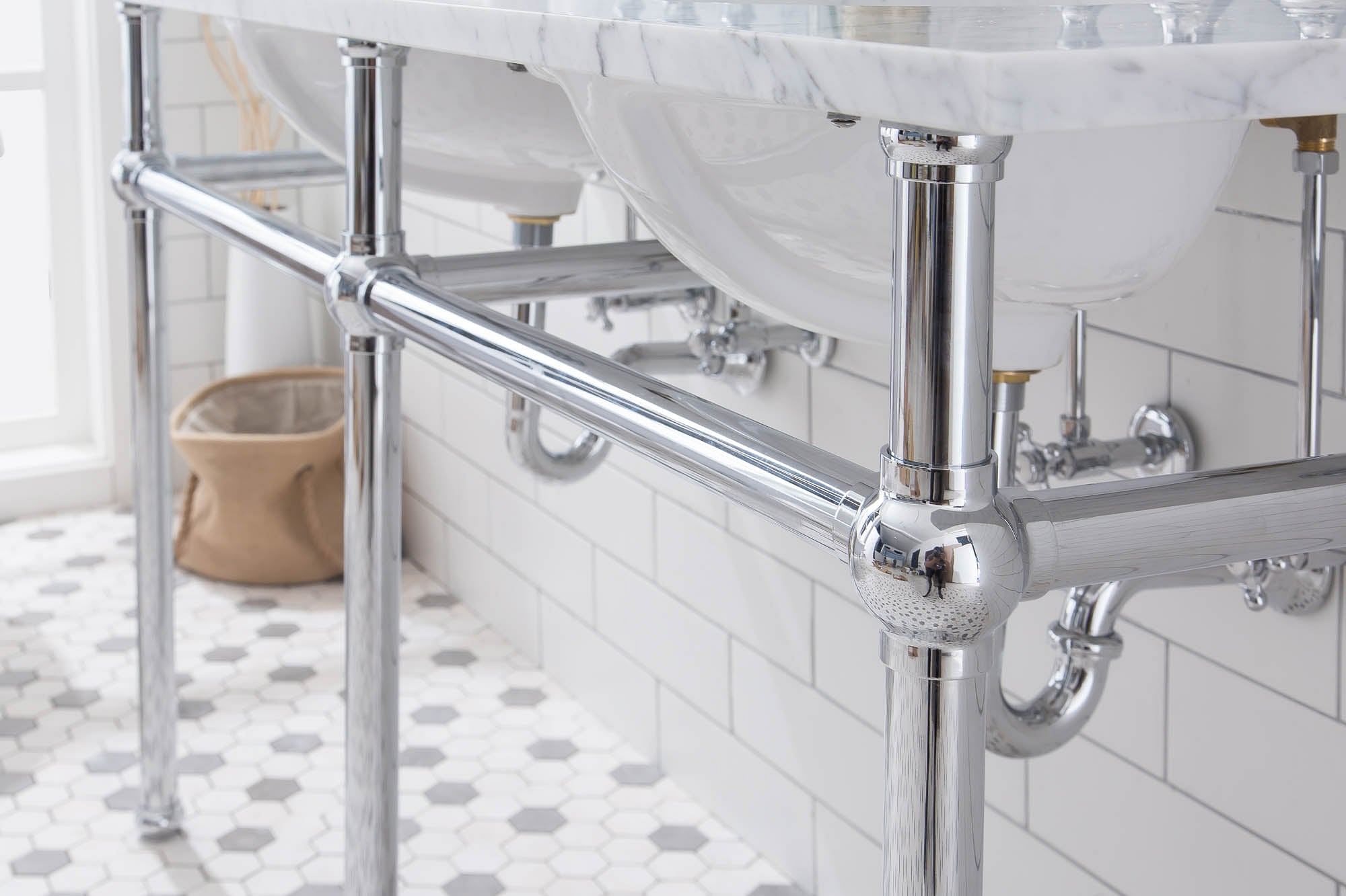 Embassy 60 Inch Wide Double Wash Stand, P-Trap, Counter Top with Basin, F2-0013 Faucet and Mirror included in Chrome Finish