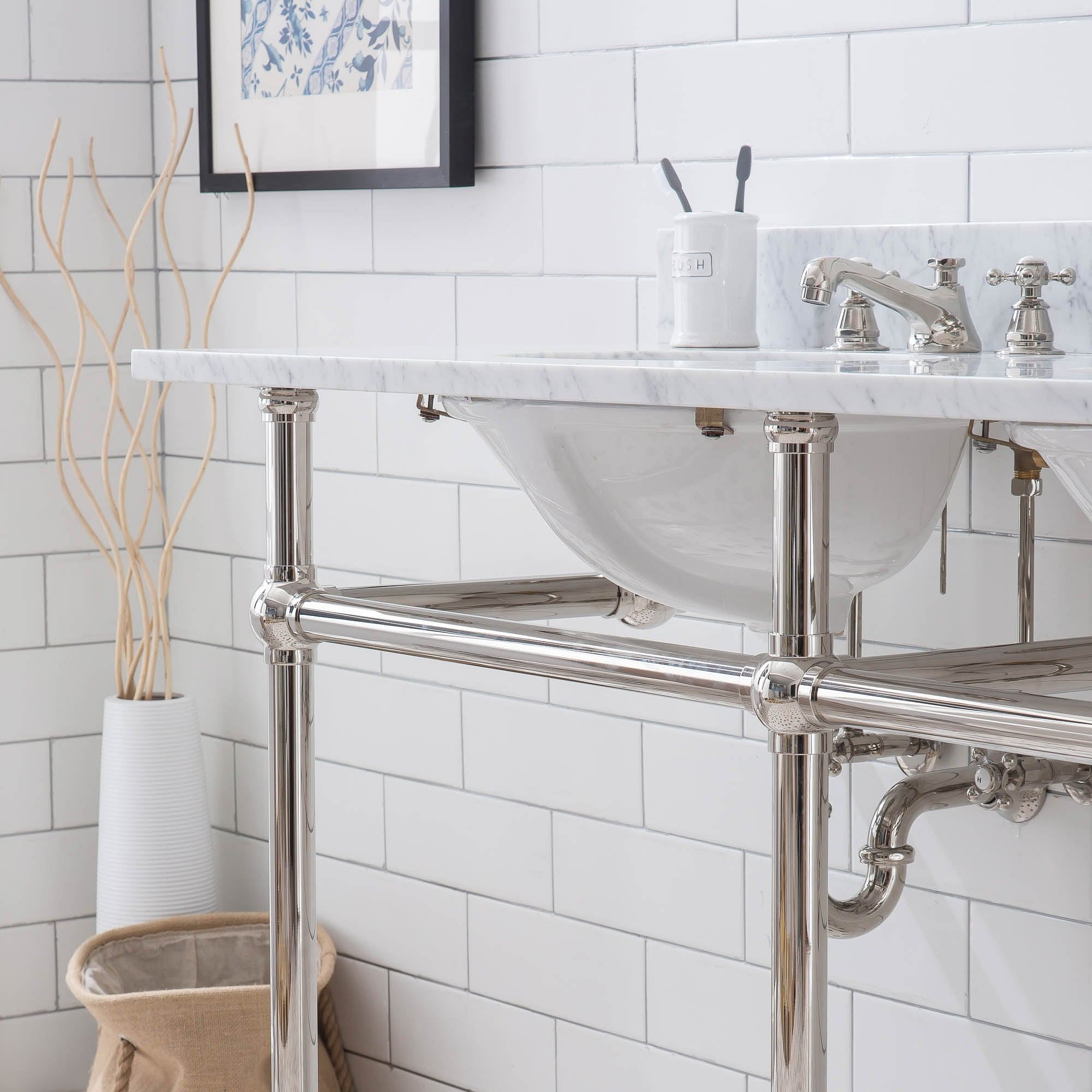Embassy 60 Inch Wide Double Wash Stand, P-Trap, and Counter Top with Basin included in Polished Nickel (PVD) Finish