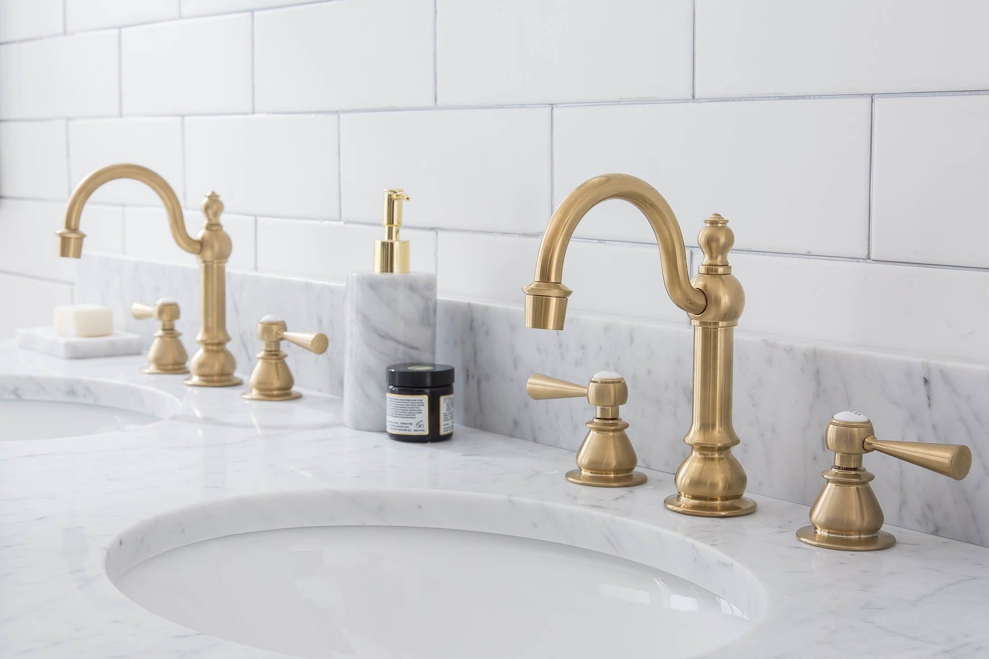 Embassy 60 Inch Wide Double Wash Stand, P-Trap, and Counter Top with Basin included in Satin Gold Finish