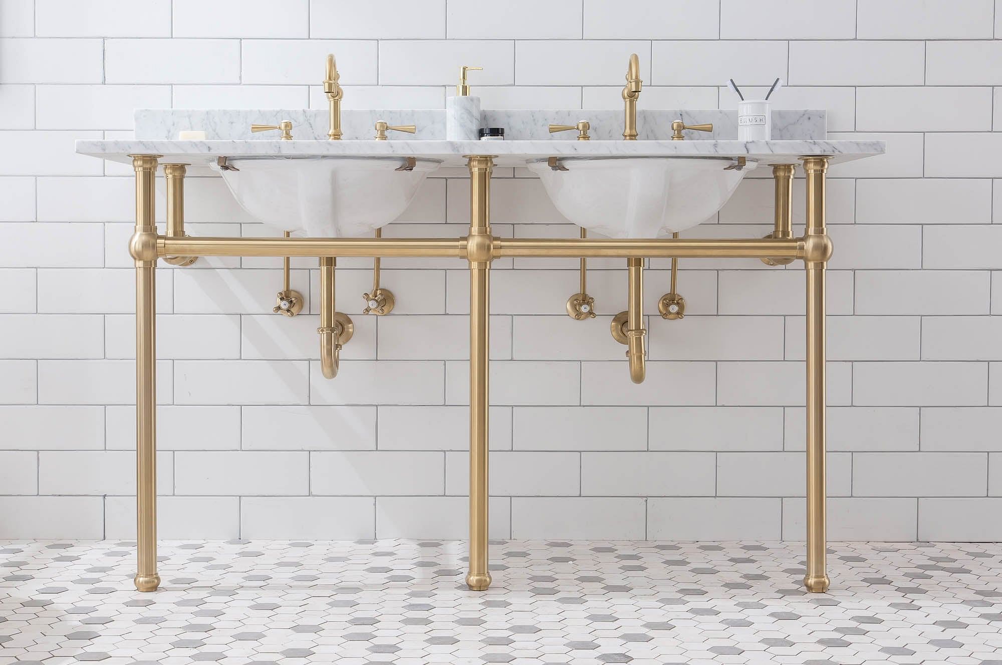 Embassy 60 Inch Wide Double Wash Stand, P-Trap, and Counter Top with Basin included in Satin Gold Finish