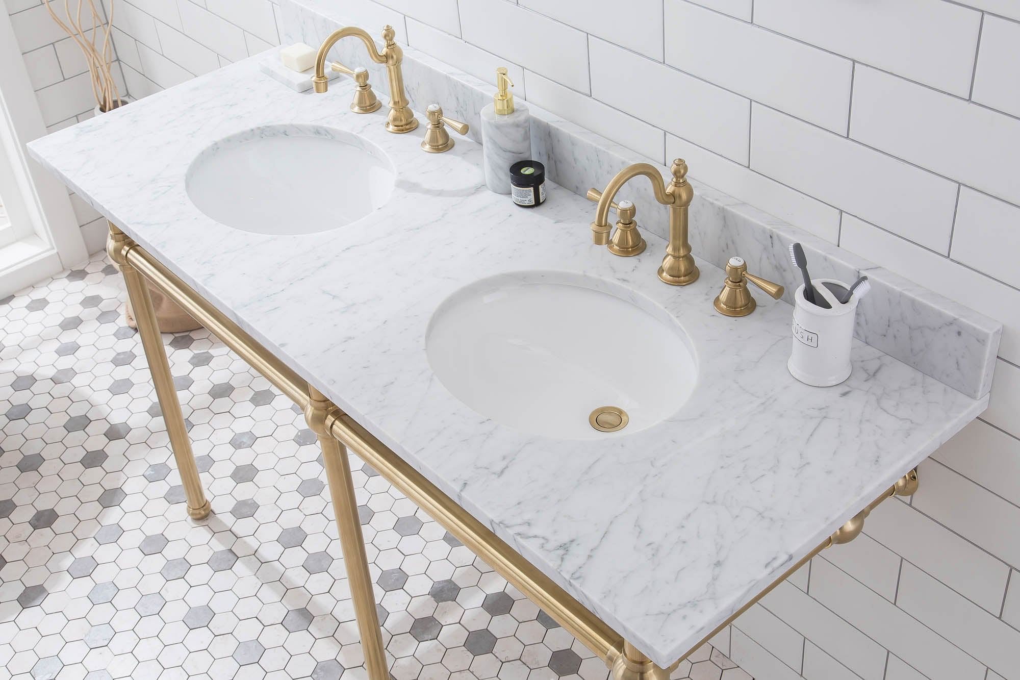Embassy 60 Inch Wide Double Wash Stand, P-Trap, and Counter Top with Basin included in Satin Gold Finish