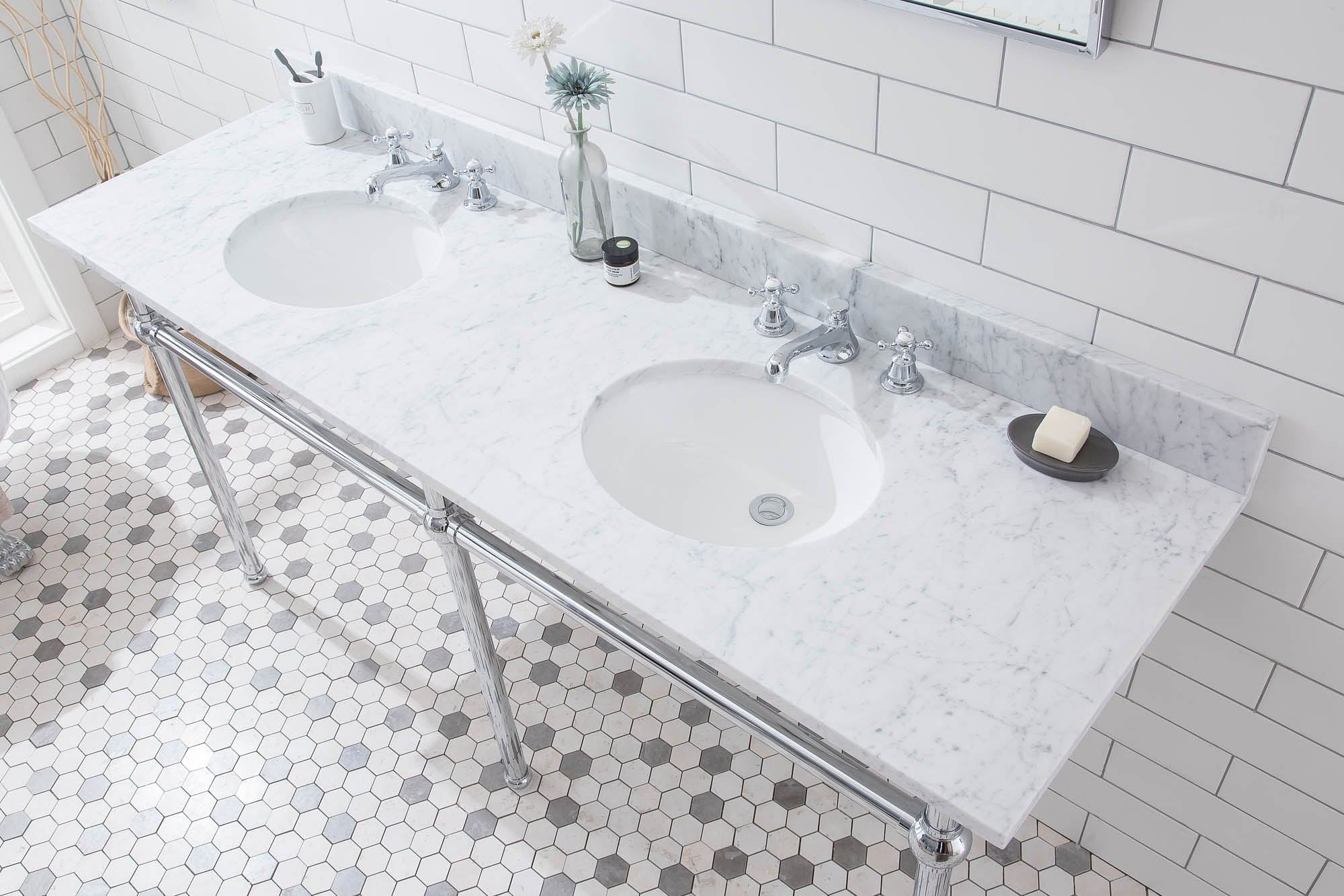 Embassy 72 Inch Wide Double Wash Stand, P-Trap, Counter Top with Basin, F2-0009 Faucet and Mirror included in Chrome Finish