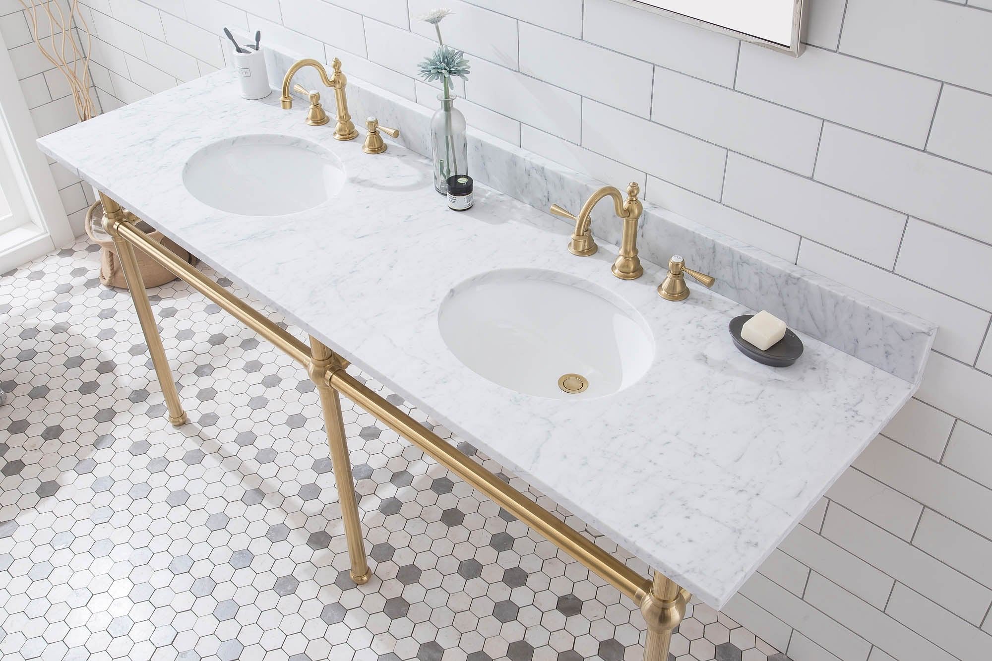 Embassy 72 Inch Wide Double Wash Stand, P-Trap, and Counter Top with Basin included in Satin Gold Finish