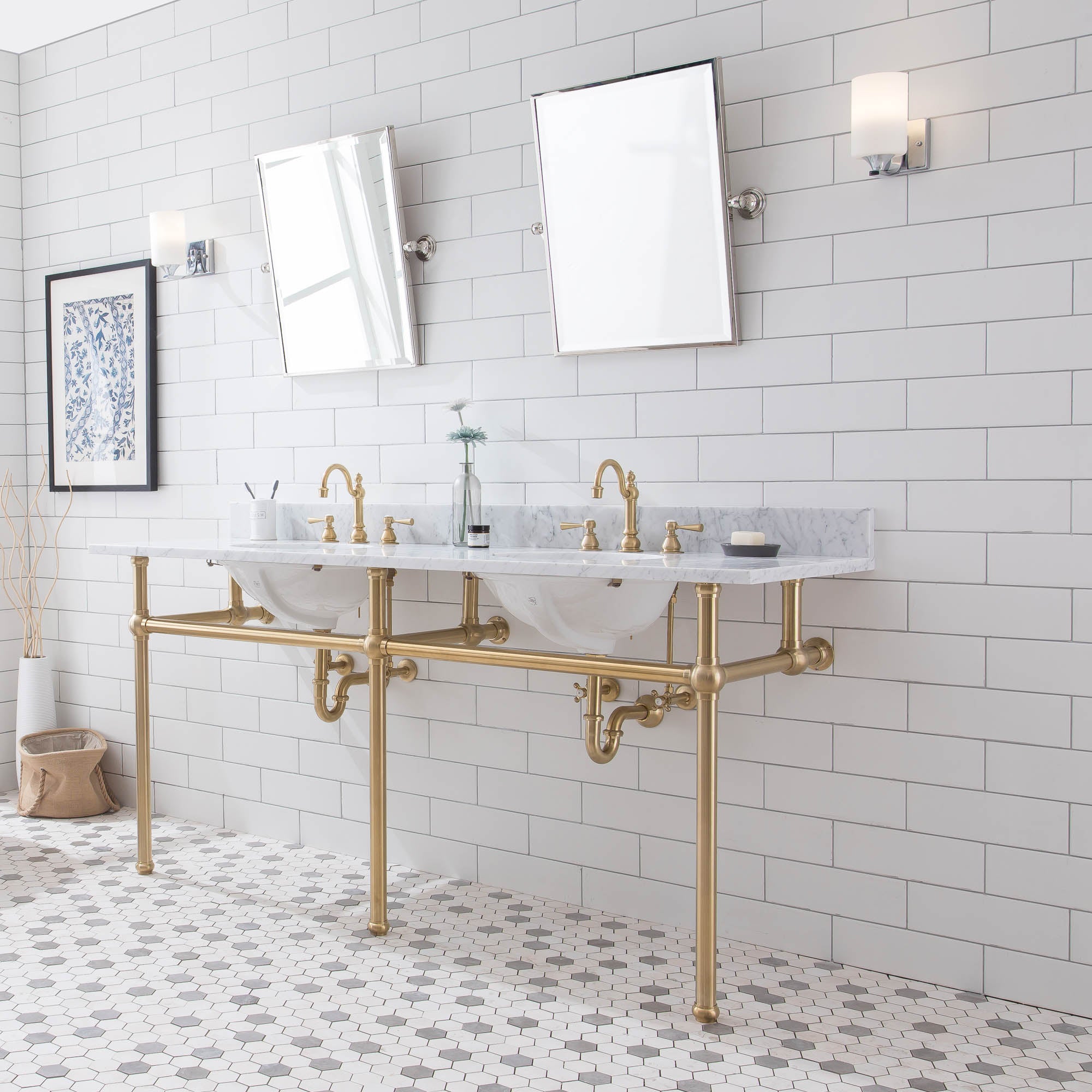 Embassy 72 Inch Wide Double Wash Stand, P-Trap, and Counter Top with Basin included in Satin Gold Finish
