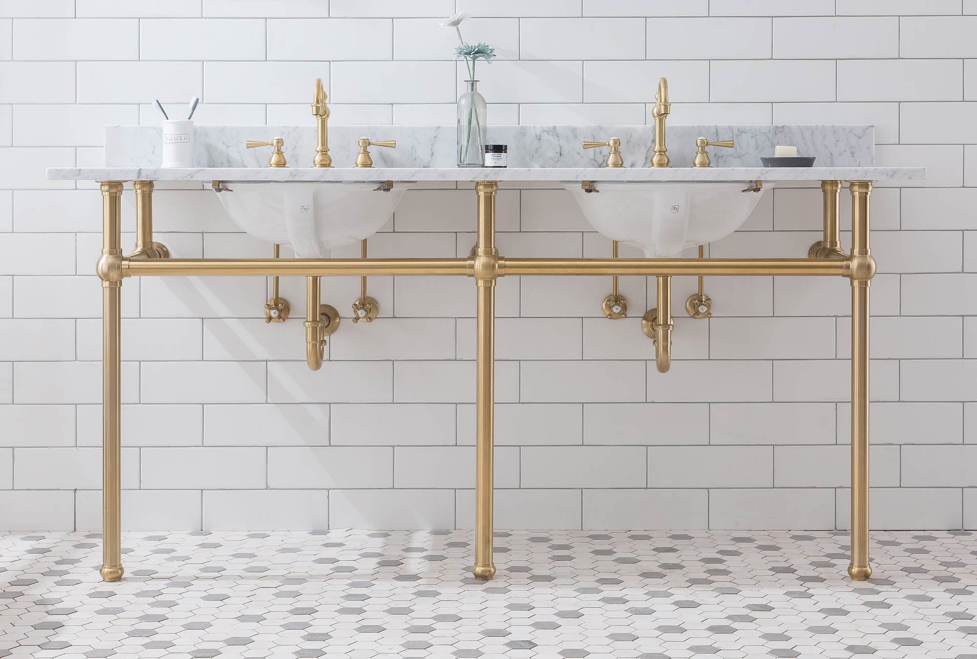 Embassy 72 Inch Wide Double Wash Stand, P-Trap, and Counter Top with Basin included in Satin Gold Finish