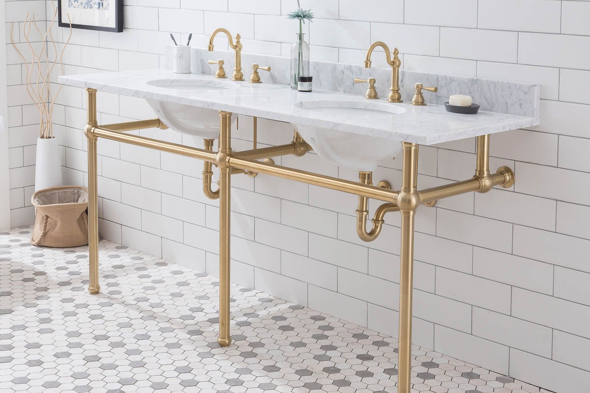 Embassy 72 Inch Wide Double Wash Stand, P-Trap, and Counter Top with Basin included in Satin Gold Finish