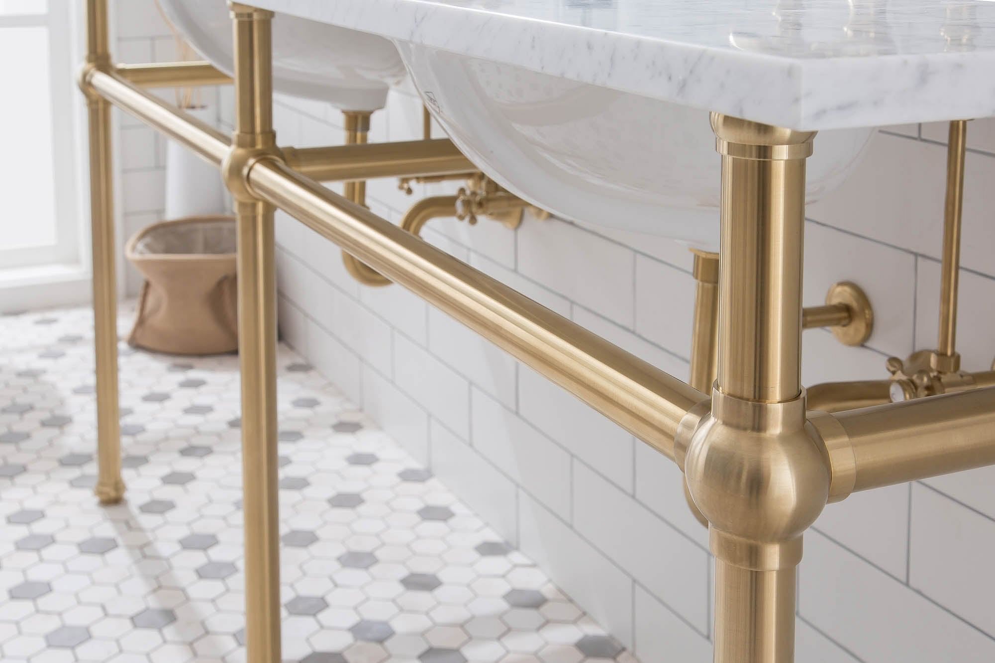 Embassy 72 Inch Wide Double Wash Stand, P-Trap, Counter Top with Basin, F2-0012 Faucet and Mirror included in Satin Gold Finish