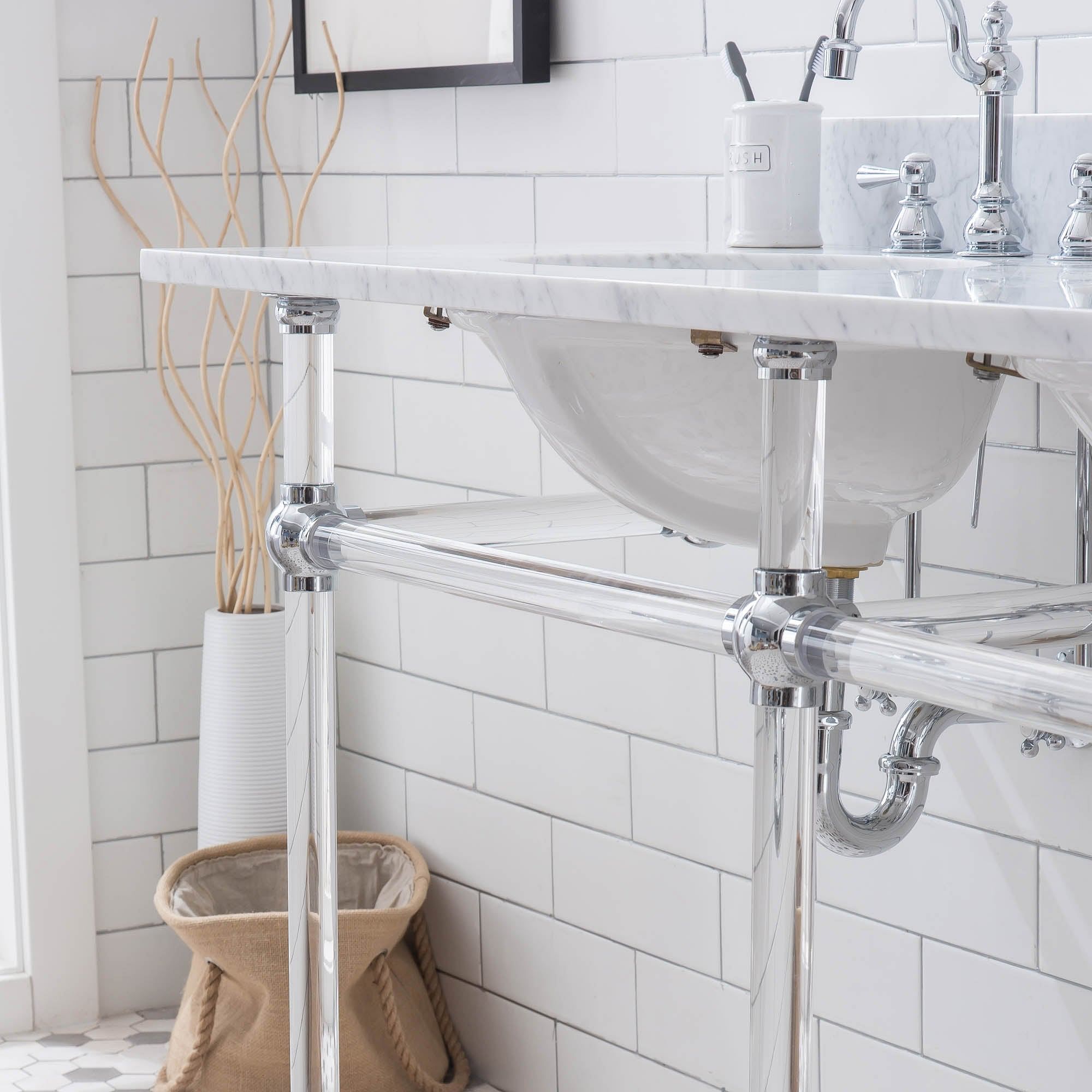 Empire 60 Inch Wide Double Wash Stand, P-Trap, Counter Top with Basin, Faucet and Mirror included in Chrome Finish