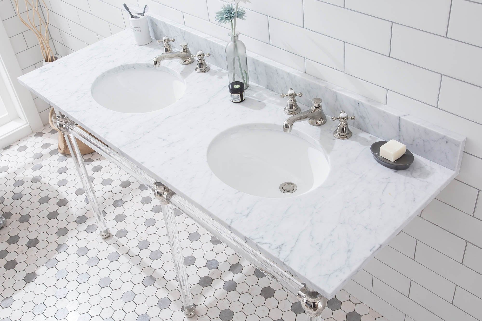 Empire 60 Inch Wide Double Wash Stand, P-Trap, Counter Top with Basin, and Faucet included in Polished Nickel (PVD) Finish