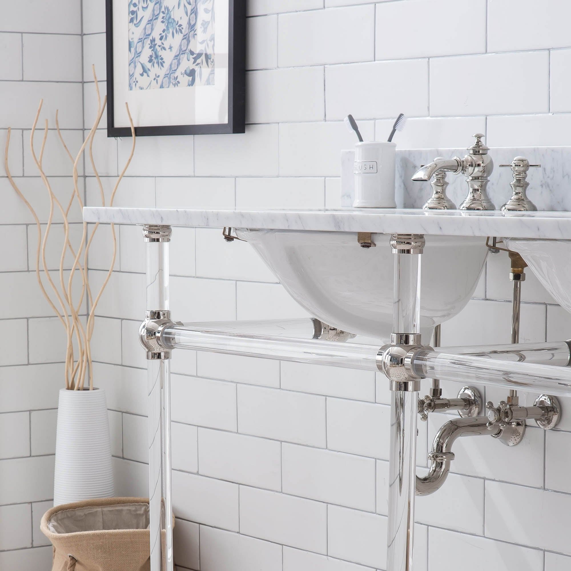 Empire 60 Inch Wide Double Wash Stand, P-Trap, Counter Top with Basin, Faucet and Mirror included in Polished Nickel (PVD) Finish