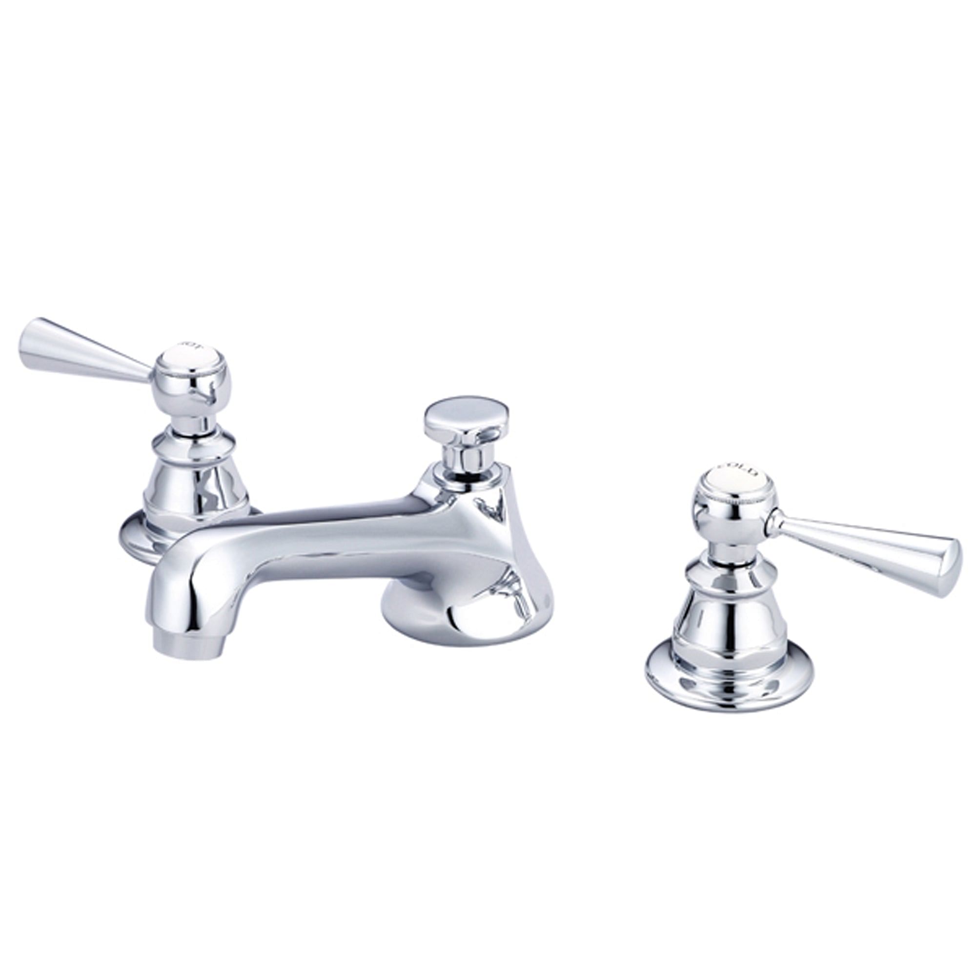 American 20th Century Classic Widespread Lavatory Faucets With Pop-Up Drain in Chrome Finish With Torch Lever Handles, Hot And Cold Labels Included