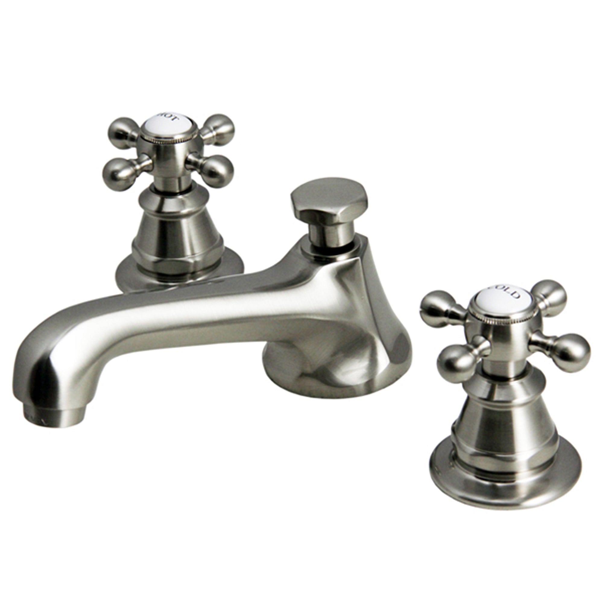 American 20th Century Classic Widespread Lavatory Faucets With Pop-Up Drain in Brushed Nickel Finish With Metal Cross Handles, Hot And Cold Labels Included