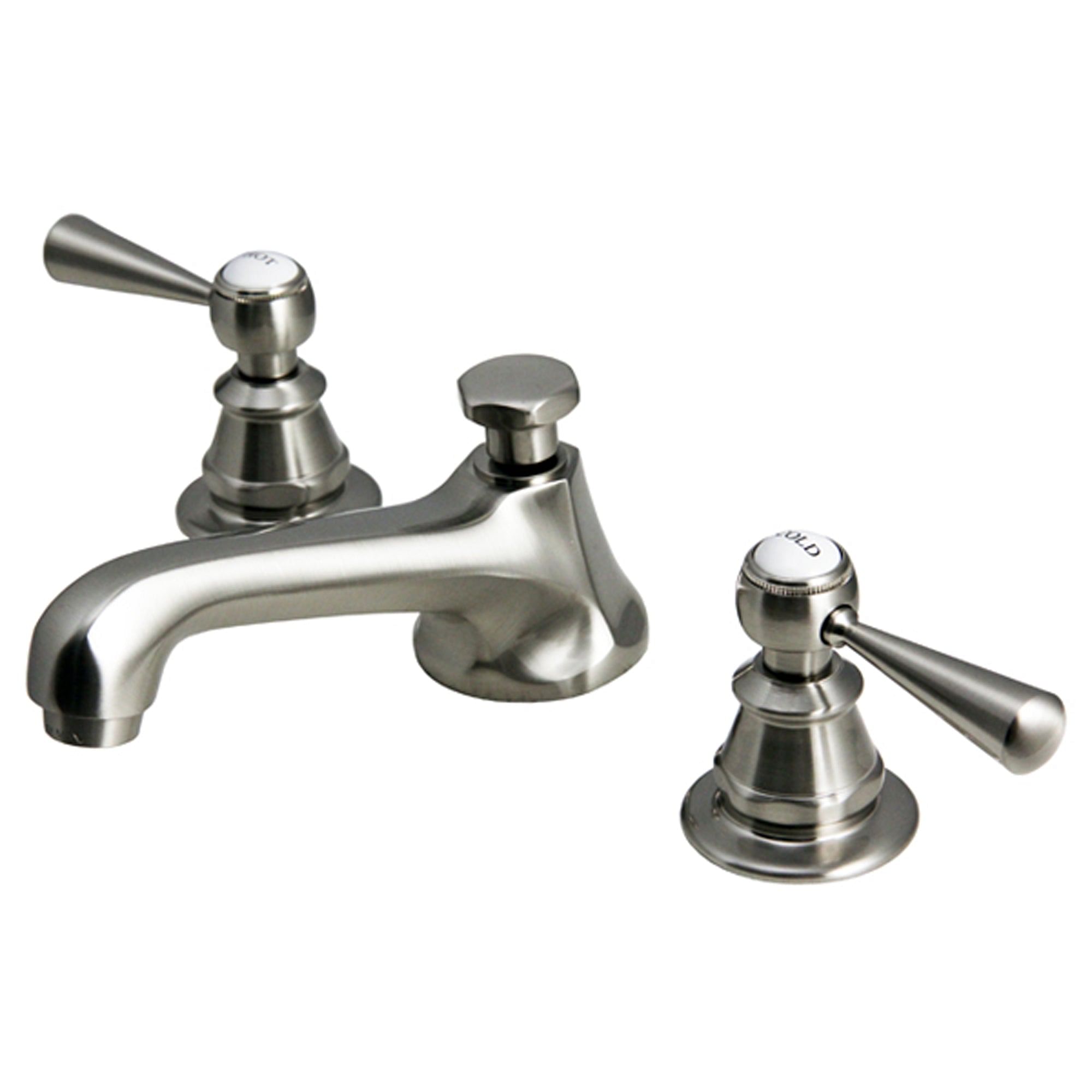 American 20th Century Classic Widespread Lavatory Faucets With Pop-Up Drain in Brushed Nickel Finish With Torch Lever Handles, Hot And Cold Labels Included